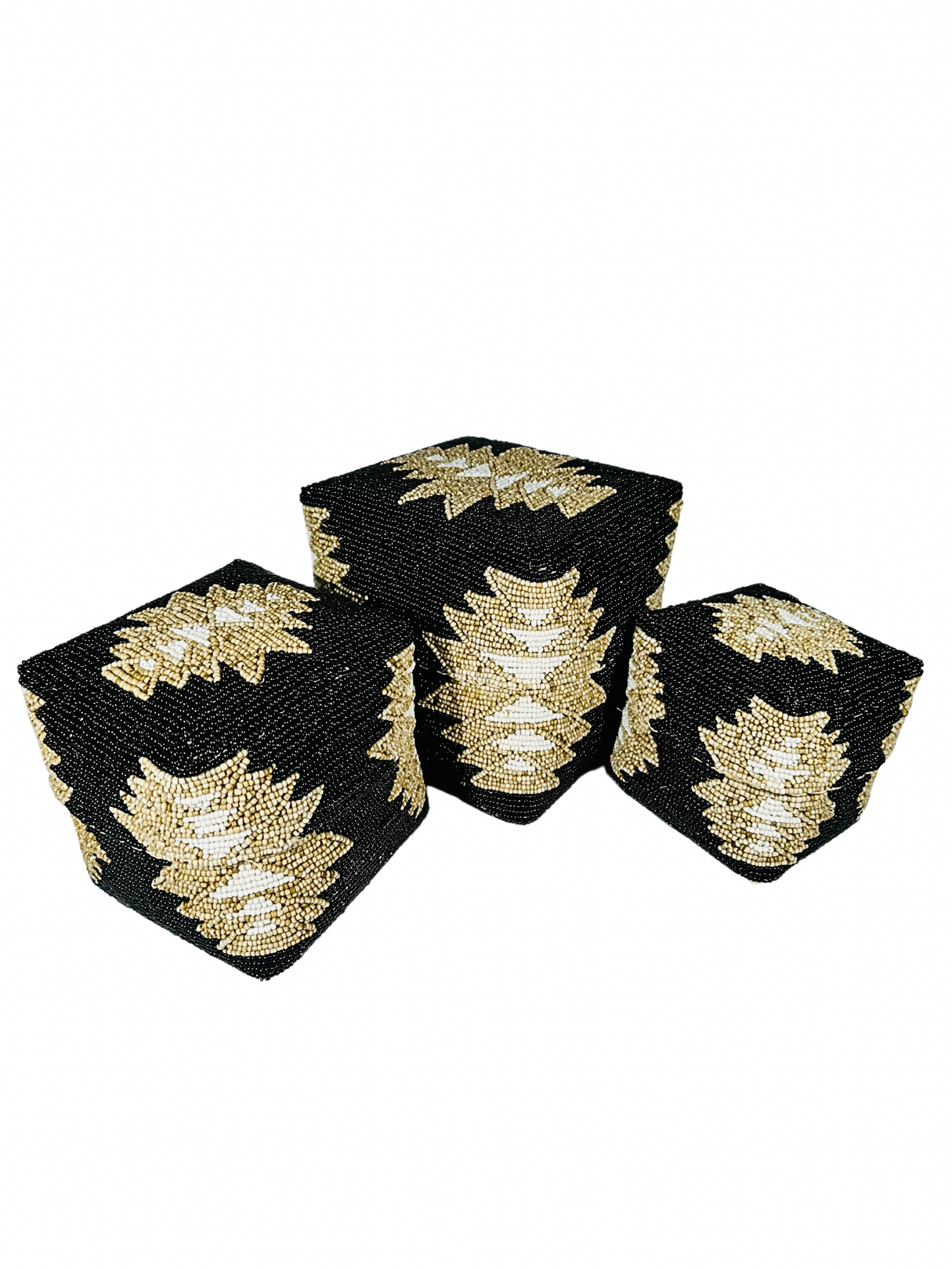 Set of 3 Beaded Boxes, Bali box white And Black