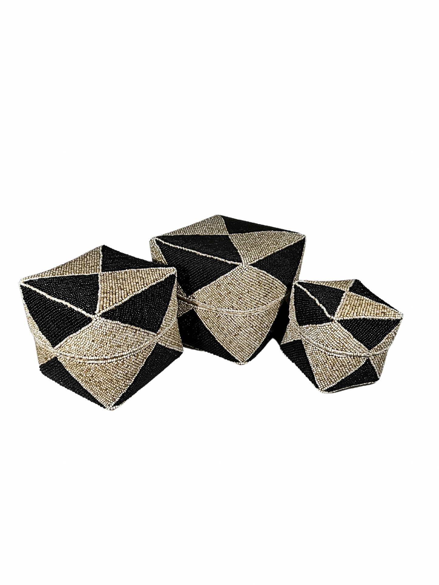 Set of 3 Beaded Boxes, Bali box white And Black