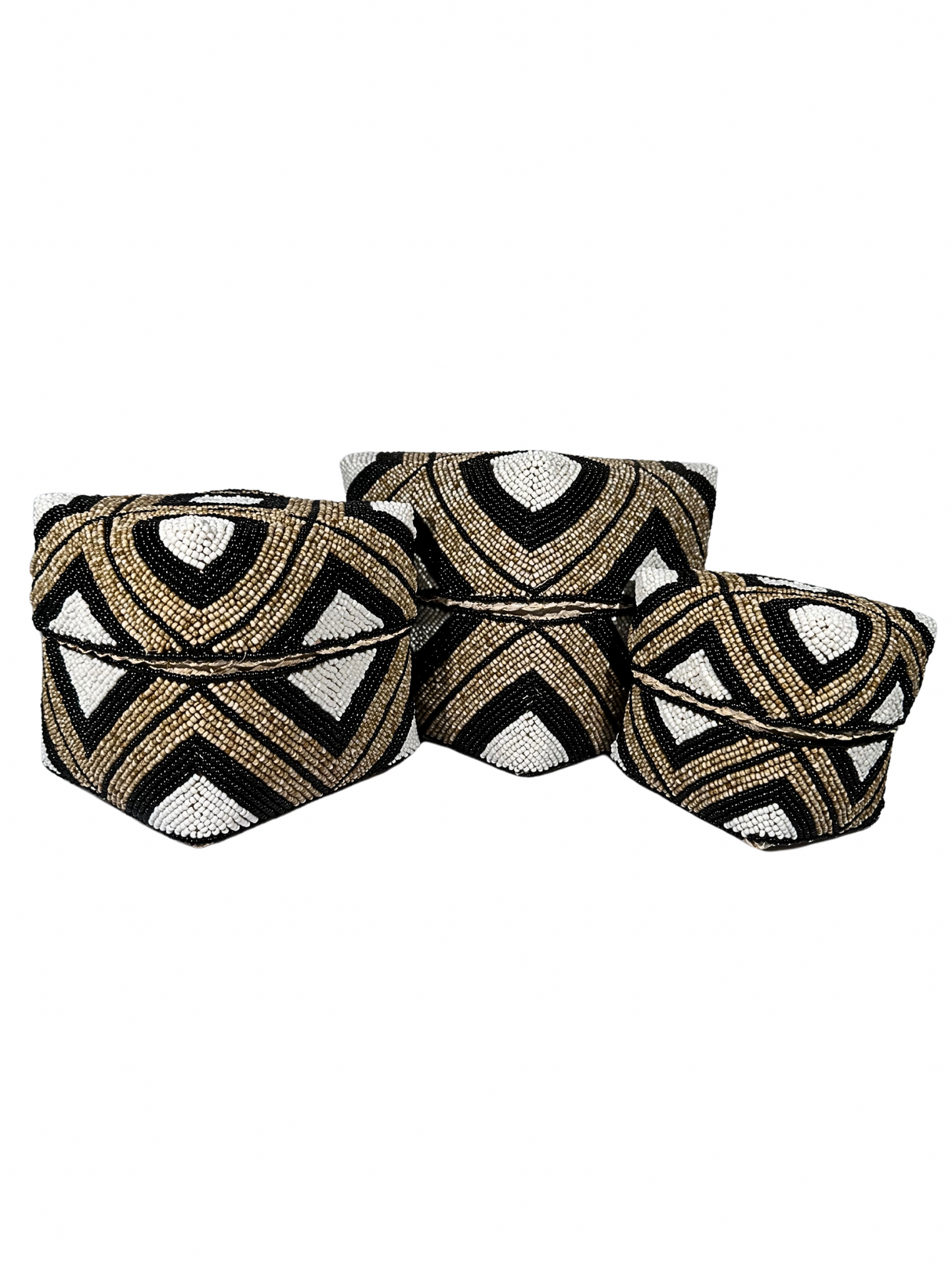 Set of 3 Beaded Boxes, Bali box white And Black