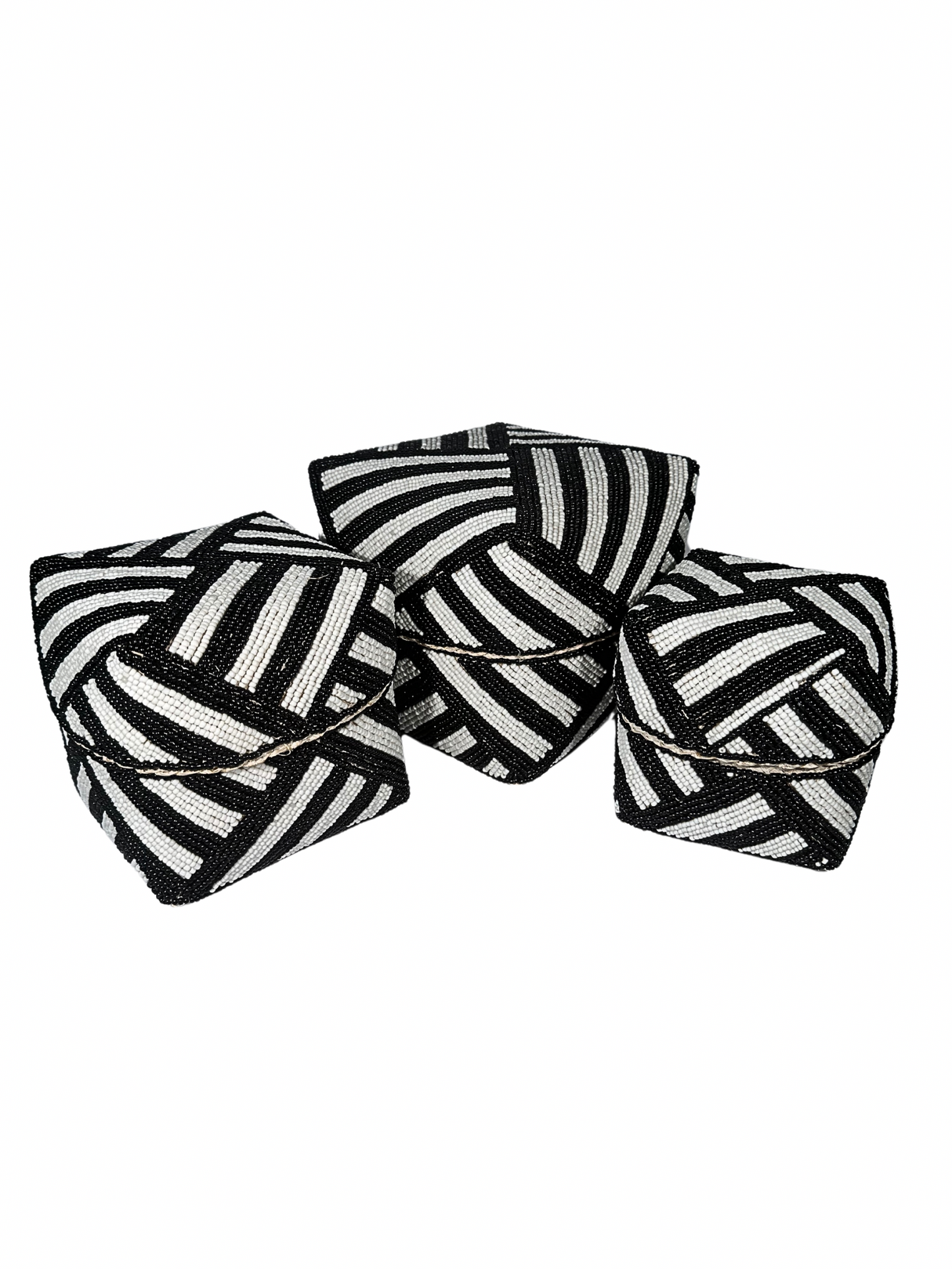 Set of 3 Beaded Boxes, Bali box white And Black