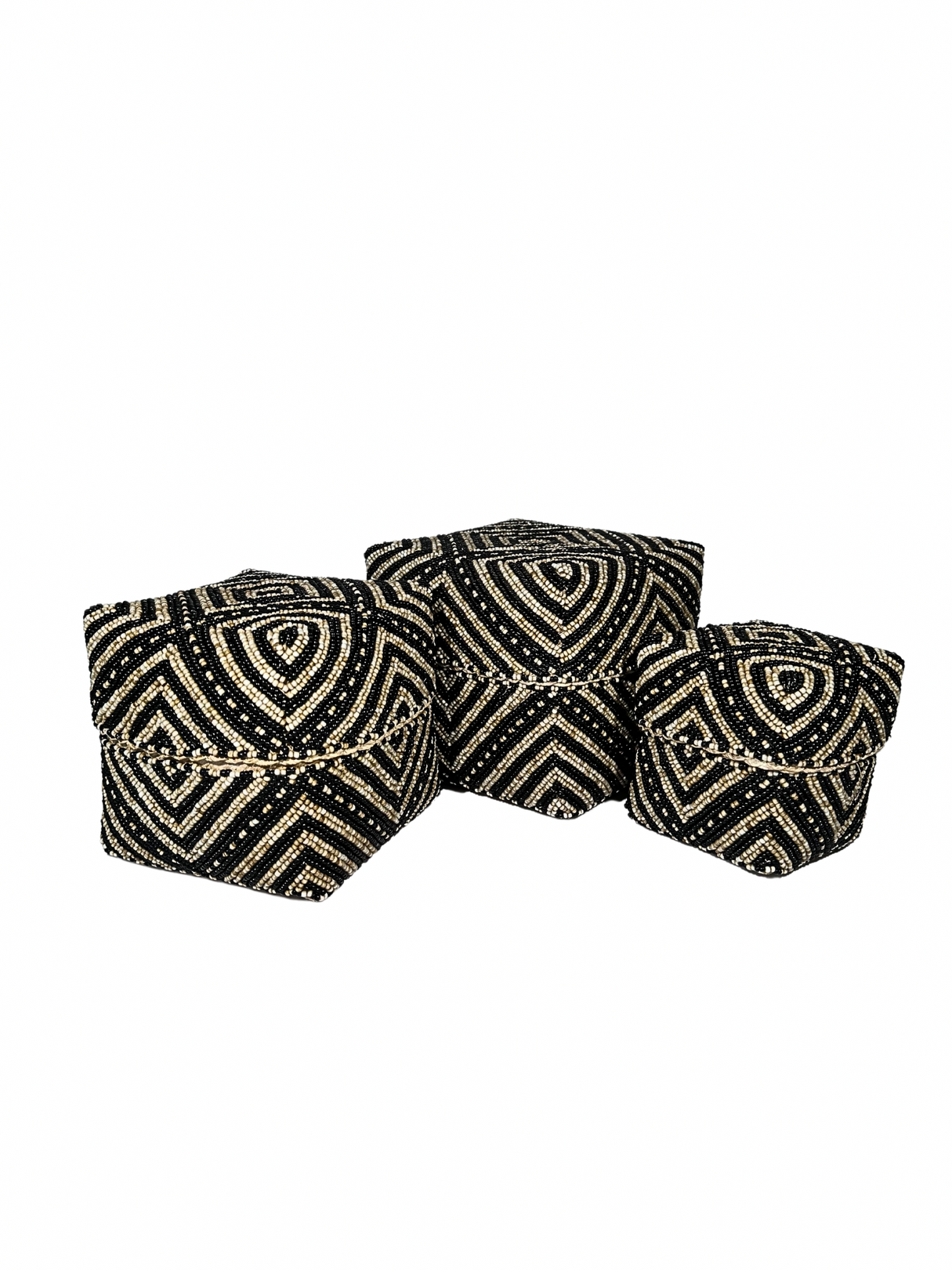 Set of 3 Beaded Boxes, Bali box cream And Black