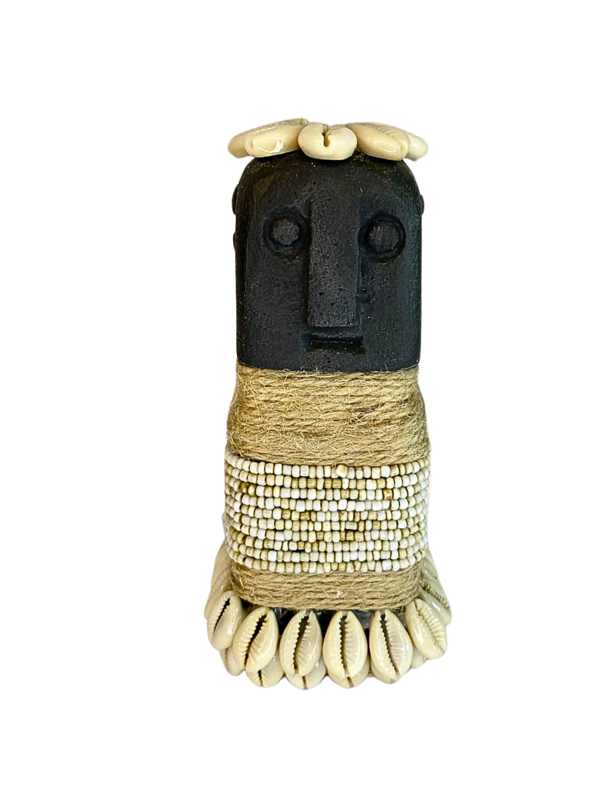 Hand Carved Tribal Statue - Stone Figure Black With Cowrie Shell from Bali