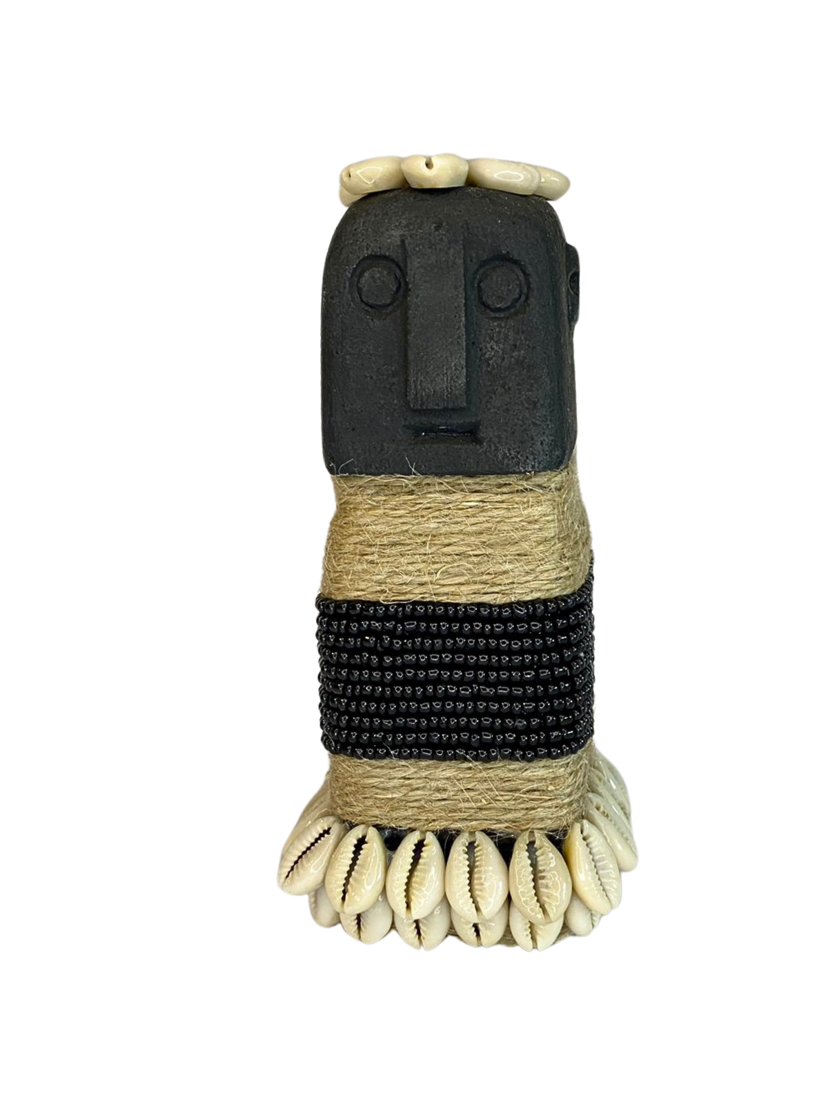 Hand Carved Tribal Statue - Stone Figure Black With Cowrie Shell from Bali