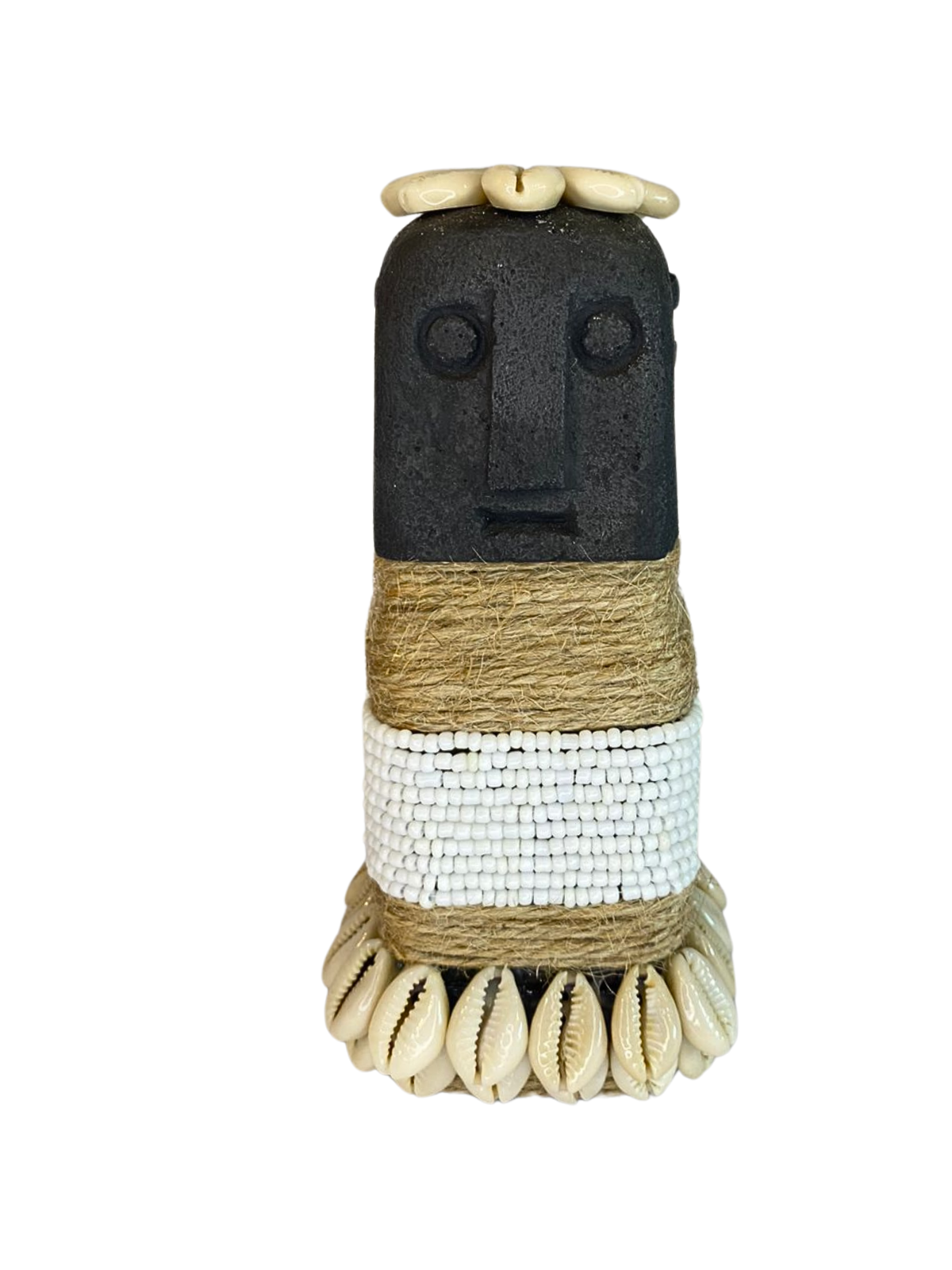 Hand Carved Tribal Statue - Stone Figure Black With Cowrie Shell from Bali