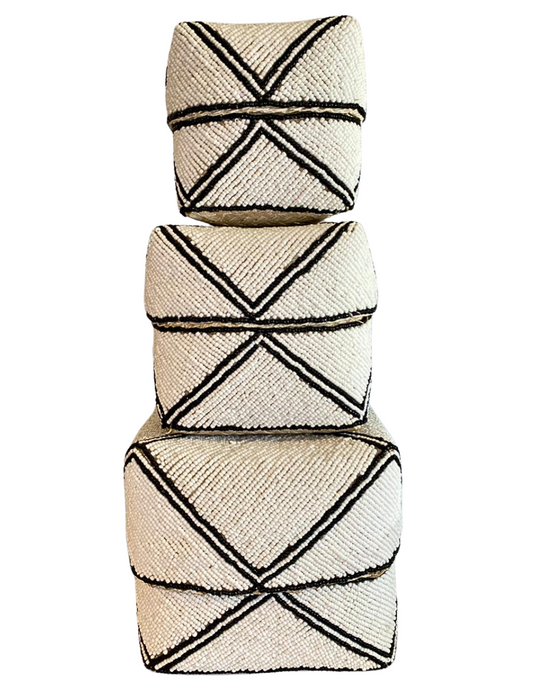 Set of 3 Beaded Boxes, Bali box White And Black