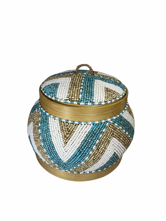 Beaded bamboo pot blue white