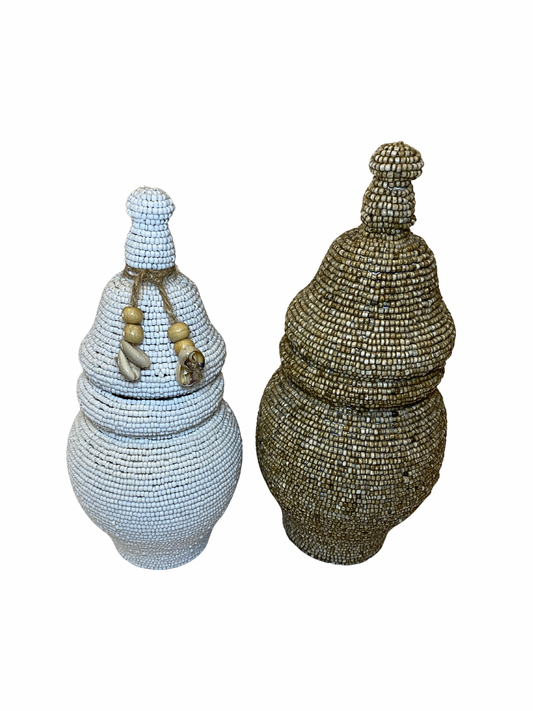 Beaded Gourd jar
 white and brown size M