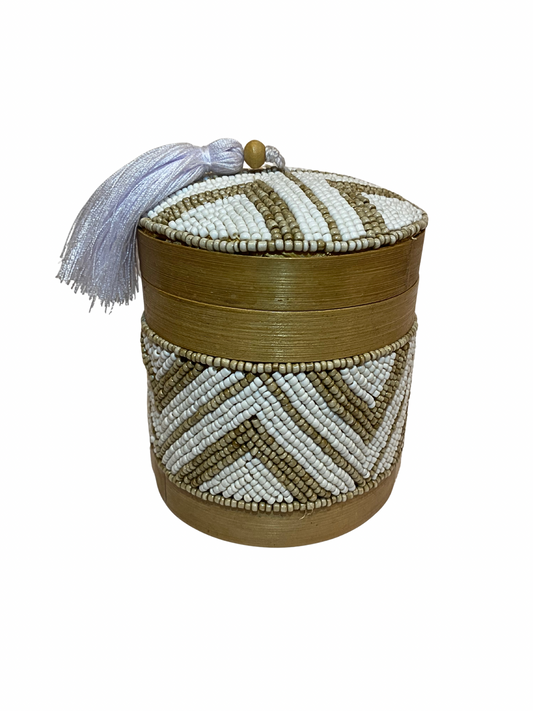 Beaded bamboo box light brown white
