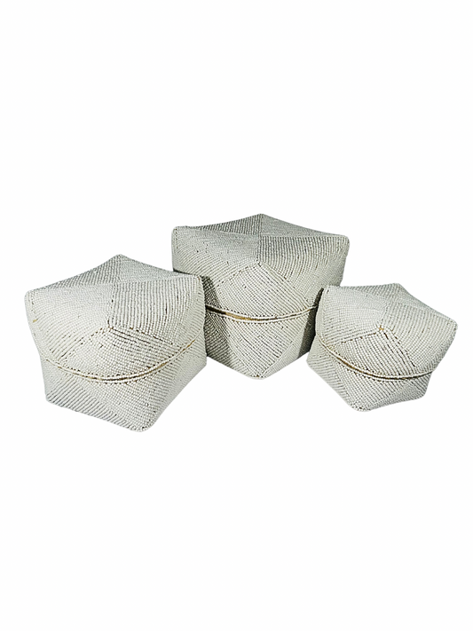Set of 3 Beaded Boxes, Bali box white And Black