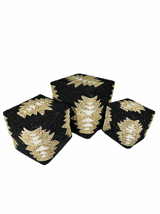 Set of 3 Beaded Boxes, Bali box white And Black