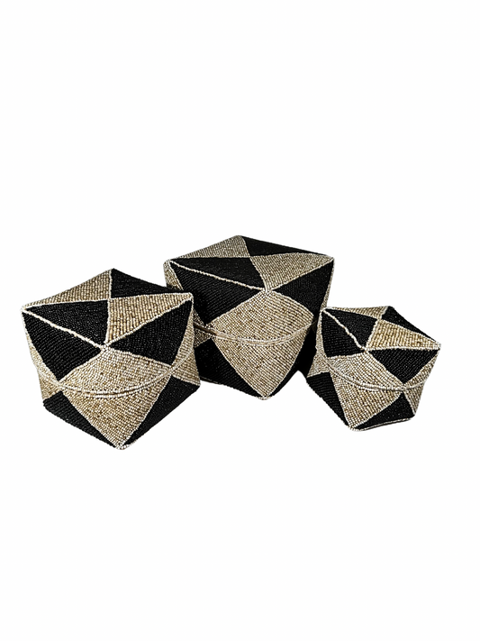 Set of 3 Beaded Boxes, Bali box white And Black