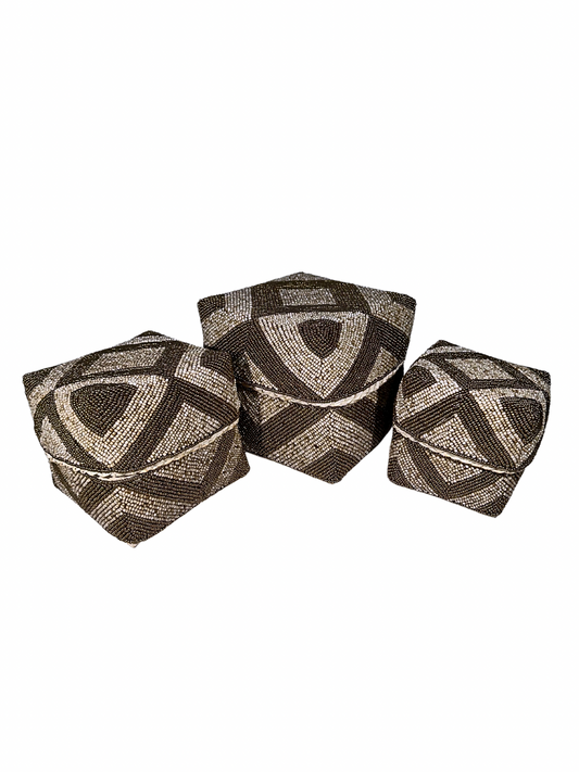 Set of 3 Beaded Boxes, Bali box white And Black