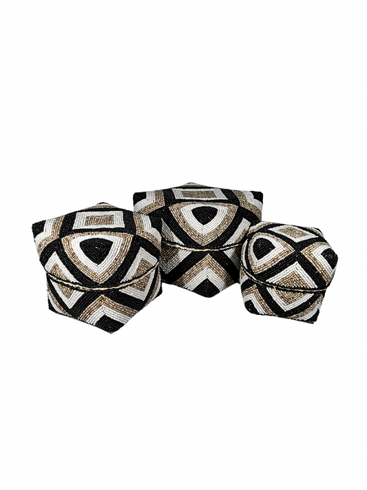 Set of 3 Beaded Boxes, Bali box white And Black