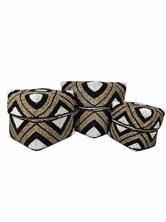 Set of 3 Beaded Boxes, Bali box white And Black