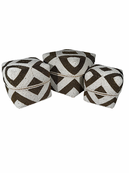 Set of 3 Beaded Boxes, Bali box white And Black