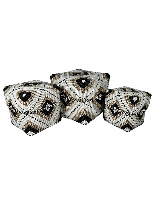 Set of 3 Beaded Boxes, Bali box white And Black