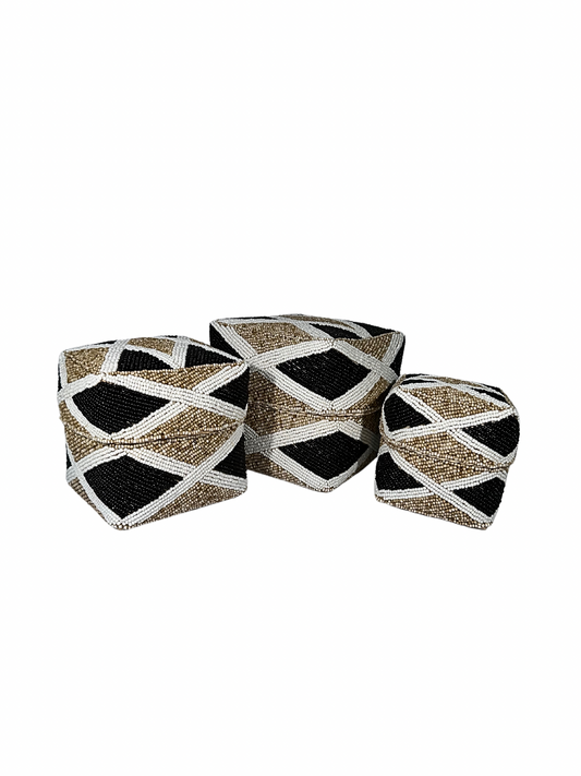 Set of 3 Beaded Boxes, Bali box white And Black