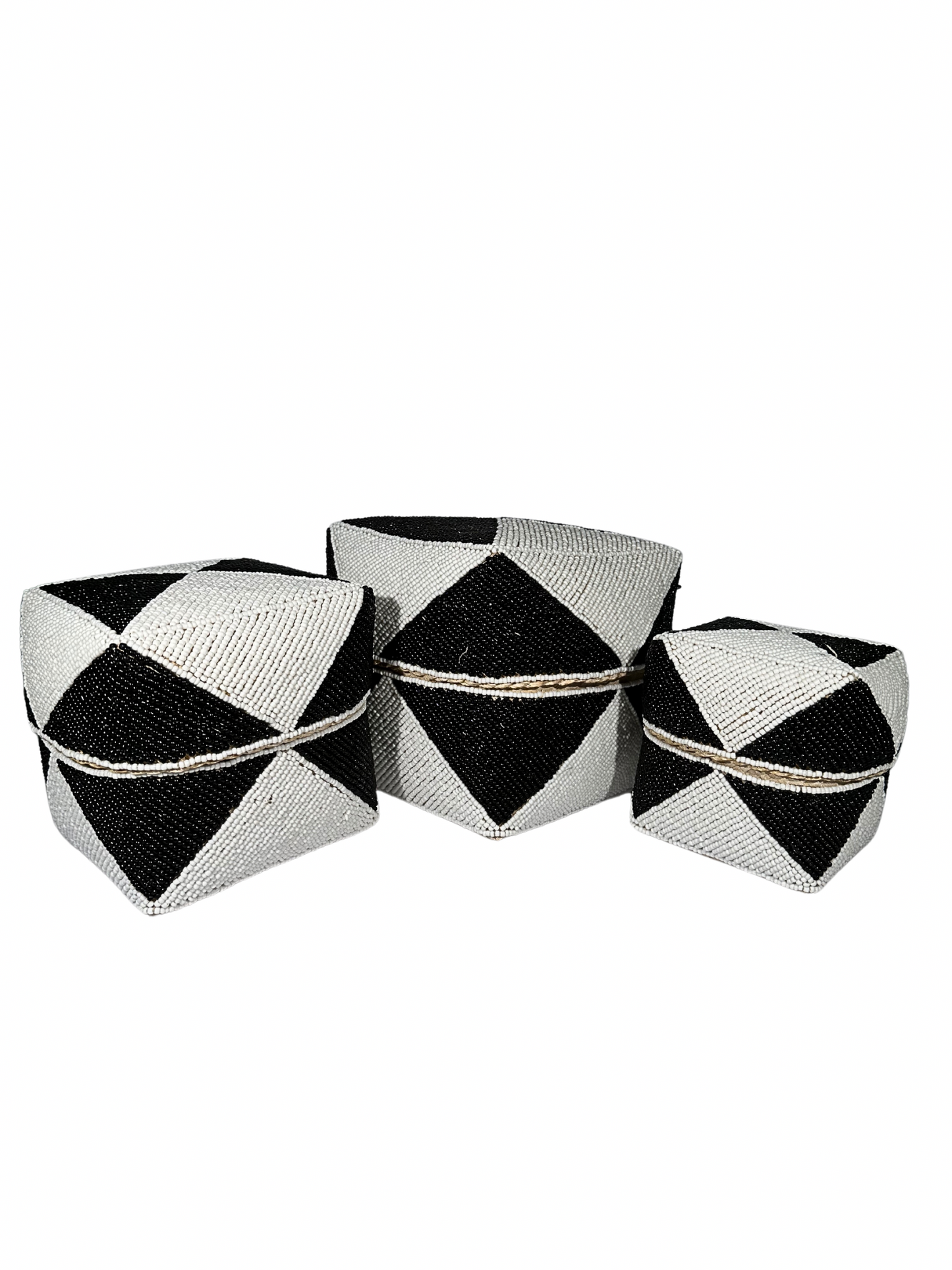 Set of 3 Beaded Boxes, Bali box white And Black
