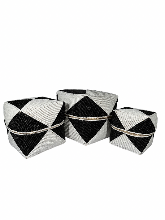 Set of 3 Beaded Boxes, Bali box white And Black