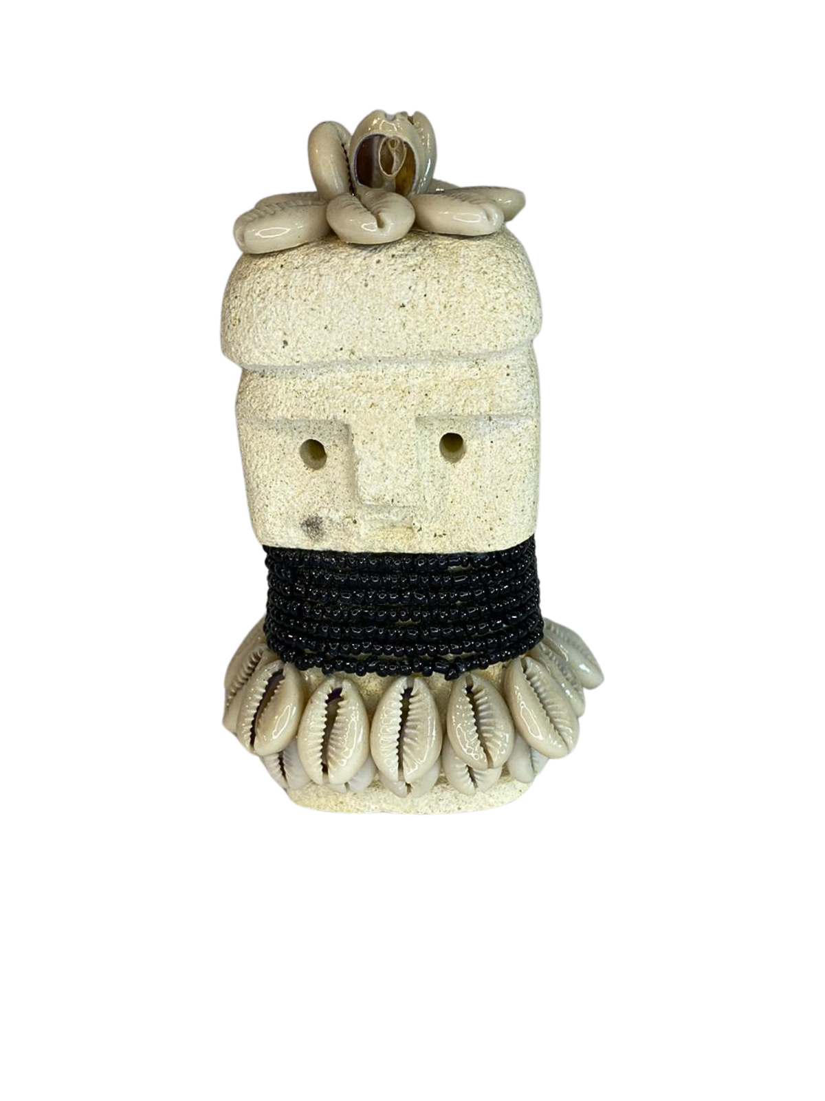 Hand Carved Tribal Statue - Stone Figure Black With Cowrie Shell from Bali